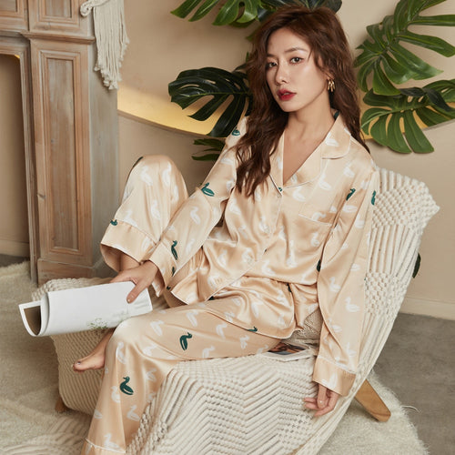 Load image into Gallery viewer, Women&#39;s Pajamas Set Luxury Style Hand-painted Duck Sleepwear Silk Like Casual Homewear Nightwear Pyjamas Femme
