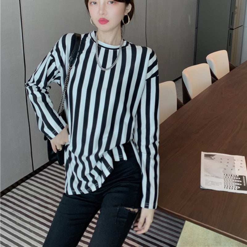 Loose Striped Women T Shirt Long Sleeve Casual O Neck Split Fork Ladies Tess Korean Pure Cotton Fashion Female Tops