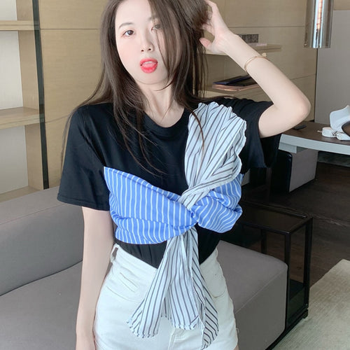 Load image into Gallery viewer, Striped Patchwork Women T Shirt Short Sleeve Summer O Neck Bandage Ladies Tees Korean Casual Designed Female Tops
