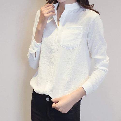 Load image into Gallery viewer, Autumn Women White Shirt Long Sleeve Fashion Stand Collar Cotton Linen Loose Female Blouse Casual Korean Solid Sweet Tops
