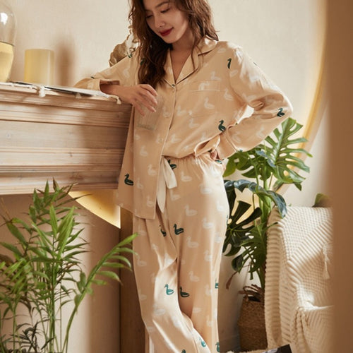 Load image into Gallery viewer, Women&#39;s Pajamas Set Luxury Style Hand-painted Duck Sleepwear Silk Like Casual Homewear Nightwear Pyjamas Femme
