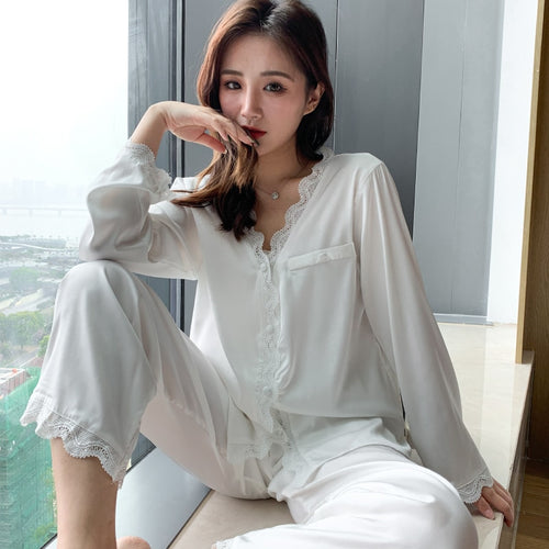 Load image into Gallery viewer, White silk like women&#39;s pajamas set autumn long-sleeved nighties palace style sleepwear set black beautiful home nighty suit
