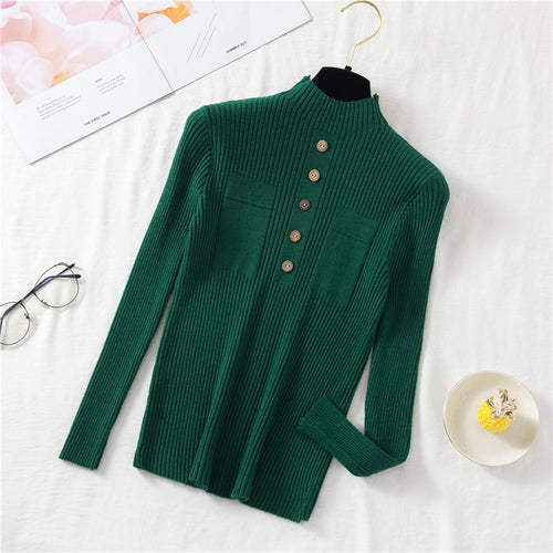 Load image into Gallery viewer, Pullover Women Sweater Autumn Knitted Button Long Sleeve Half Turtleneck Female Jumper Elastic Korean Fashion Blouse Top
