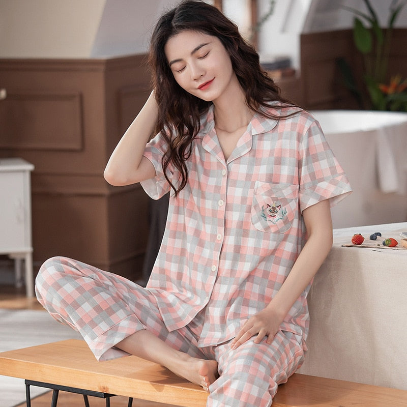 Women's Pajamas Set Summer 100% Cotton Plaid Sleepwear Couple Nightwear Cute Animal Pattern Male Home Suit for Men