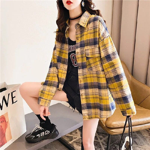 Load image into Gallery viewer, Plaid Women Shirt Spring Long Sleeve Korean Girls Blouse Casual Pink Cotton Turn Down Collar Streetwear Ladies Pocket Tops
