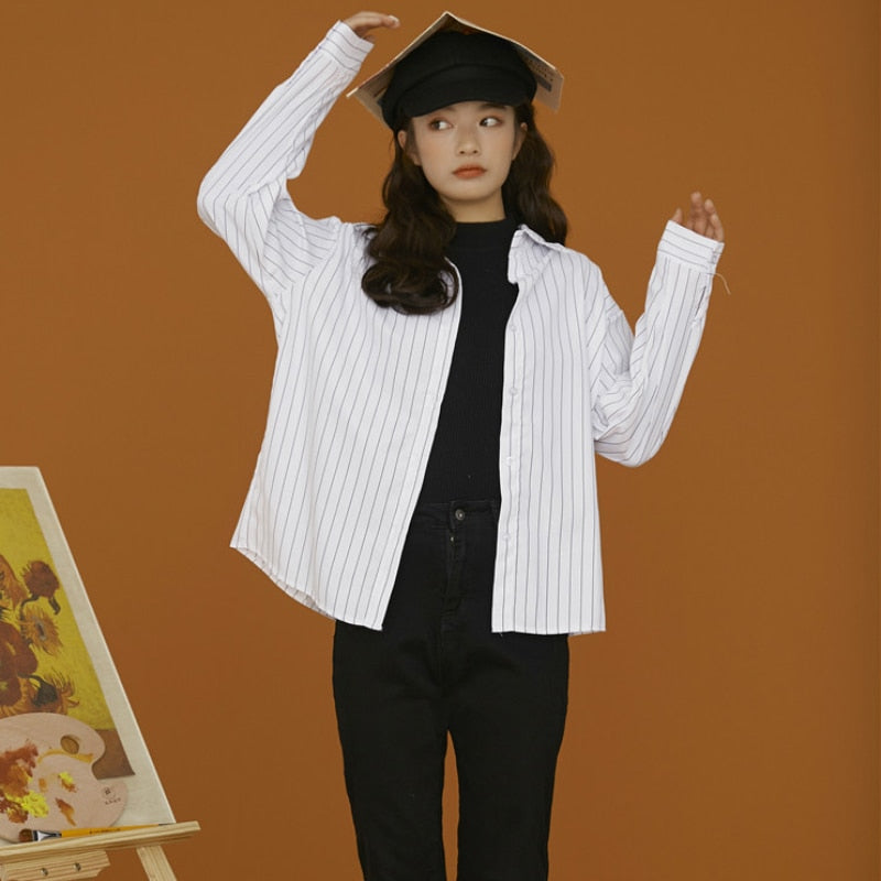 Simple Striped Women Shirt Autumn Long Sleeve 2022 New White Casual Korean Loose Tops Fashion Button Up Designed Shirts