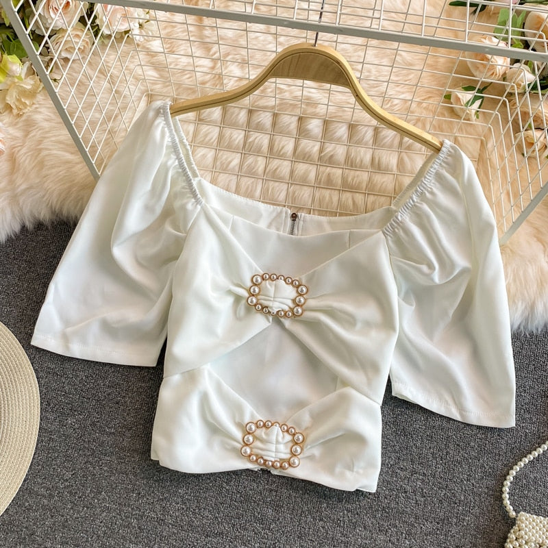 Summer Women Blouse Elegant Square Collar White Beading Pearl Buttons Bow High Waist Puff Sleeve Office Ladies Tops Korean