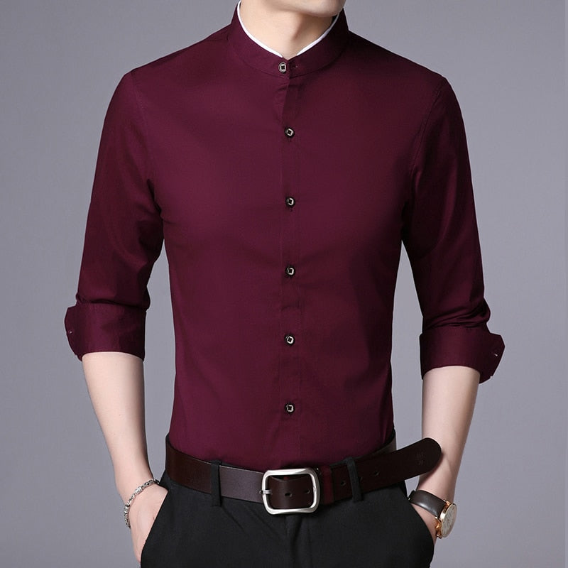 Fashion Shirt Men Mandarin Collar Long Sleeve Regular Fit Cotton Autumn Black Korean Dress Shirt Casual Men Clothes