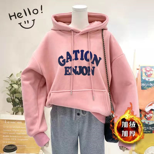 Load image into Gallery viewer, Thick Women Hoodies Winter Pullover Korean Loose Hooded Sweatshirt Warm Fashion Letter Casual Female Pocket Coat
