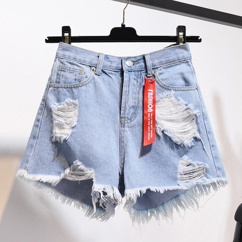 Large Size Ripped Denim Women Shorts Summer Tassel High Waist Black Distressed Jeans Korean Fashion Pure Cotton Street Wear