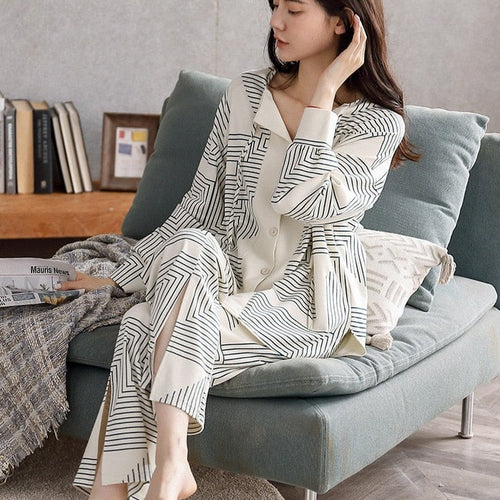 Load image into Gallery viewer, Autumn Women&#39;s Pajamas Set High Quality Bohemian Stripes Print Sleepwear V Neck Cotton Homewear Nightwear Pyjamas Femme
