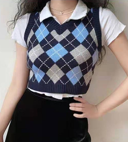 Argyle Women Vest Sweater Autumn Fashion V Neck Knitted Plaid Crop Sweater Casual V Neck Preppy Style Female Jumper Tops