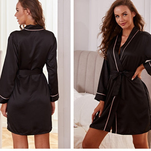 Load image into Gallery viewer, Woman&#39;s Pajamas Robe Elegant Black Bathrobe Sleepwear Satin Silk Nightwear V-Neck Sexy Nightie Homewear Femme
