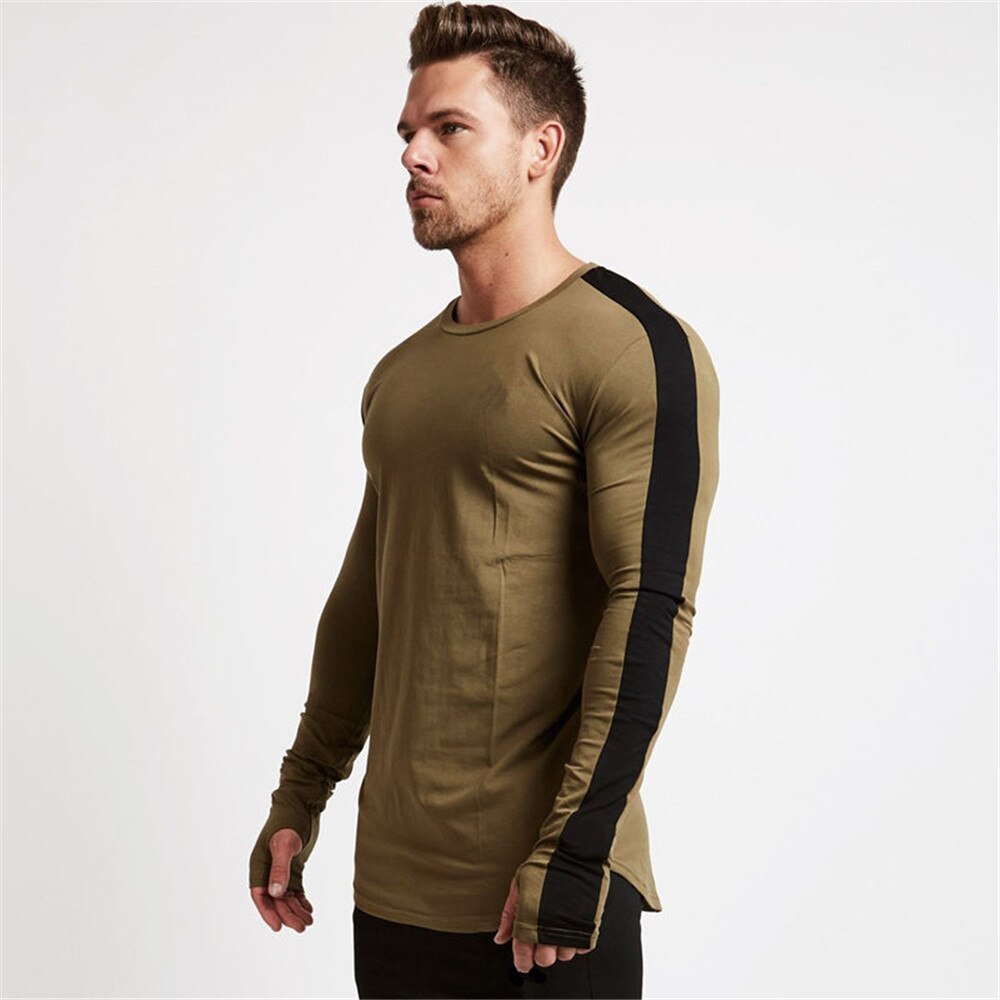 Casual Long Sleeve T-shirt Men Fitness Cotton Shirt Male Gym Workout Skinny Tee Tops Army Green Autumn Running Sport Clothing