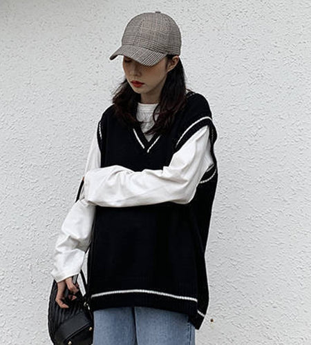 Autumn Simple All Match Vest Women V Neck Black Knitted Sweater Sleeveless Student Tanks Korean Fashion White Waistcoat