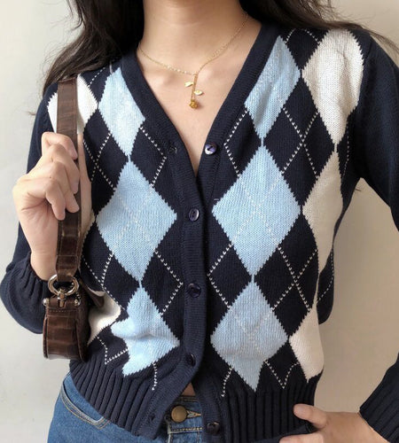 Black Argyle Women Cardigan Sweater Fashion Button V Neck Long Sleeve Knitted Plaid Sweater Street Wear Female Thin Jacket