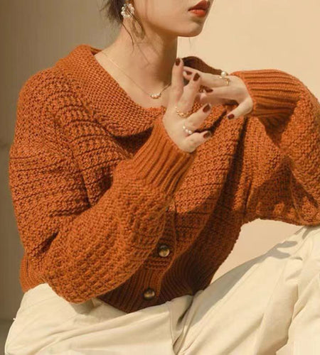 Cute Peter Pan Collar Women Cardigan Sweater Loose Knitted Long Sleeve Korean Chic Jumper Coat Loose Button Up Jackets