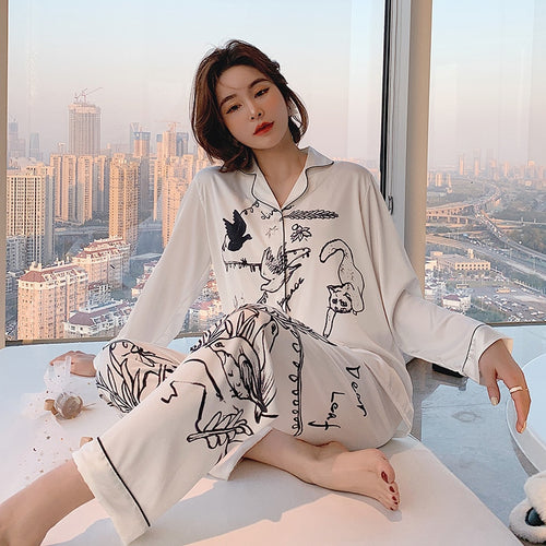 Load image into Gallery viewer, Women&#39;s Pajamas Set Luxury Style Fashion Natural Animal Graffiti Sleepwear Silk Like Leisure Home Clothes Nightwear
