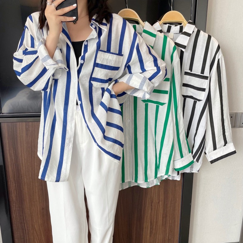 Striped Women Shirts Summer Fashion Beach Sun Protection Long Sleeve Loose White Long Shirt Casual Korean Pocket Tops