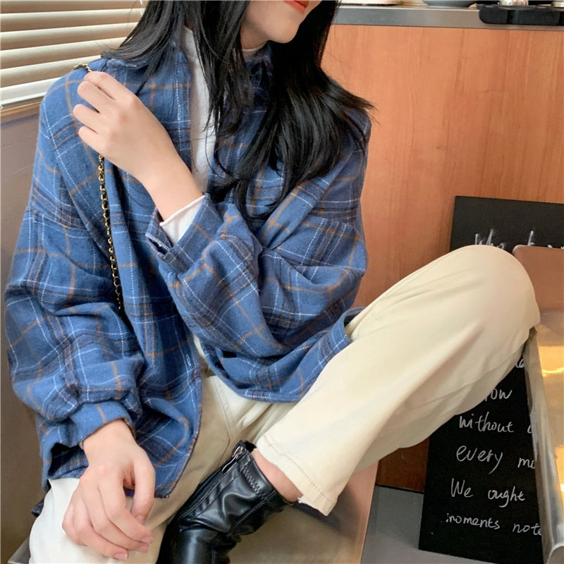 Retro Plaid Women Shirts Vintage Fall Single Breasted Long Sleeve Female Shirt Designed Spring Korean Ladies  Tops