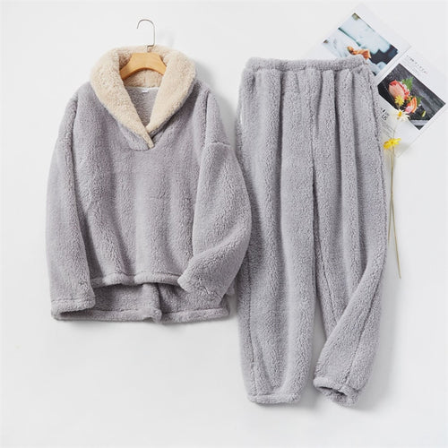 Load image into Gallery viewer, Women&#39;s Pajamas Set Thick Flannel Sleepwear Casual Coral Fleece Homewear Turn-Down Collar Home Suit Pyjamas Femme
