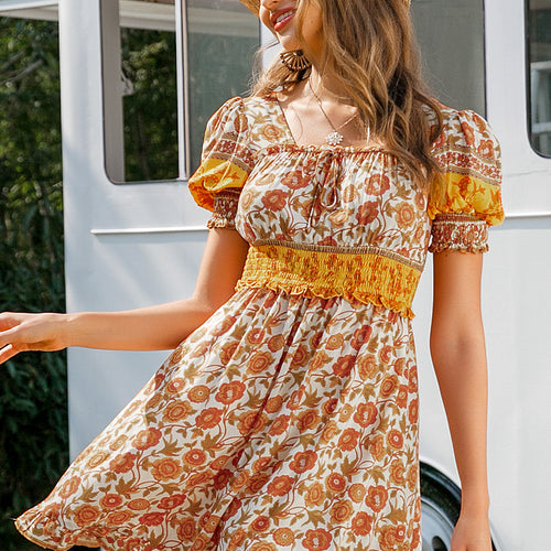 Load image into Gallery viewer, Backless Floral Print Summer High Waist Puff Sleeve Ruffled Mini Dress-women-wanahavit-Orange-S-wanahavit
