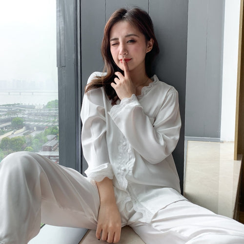 Load image into Gallery viewer, White silk like women&#39;s pajamas set autumn long-sleeved nighties palace style sleepwear set black beautiful home nighty suit
