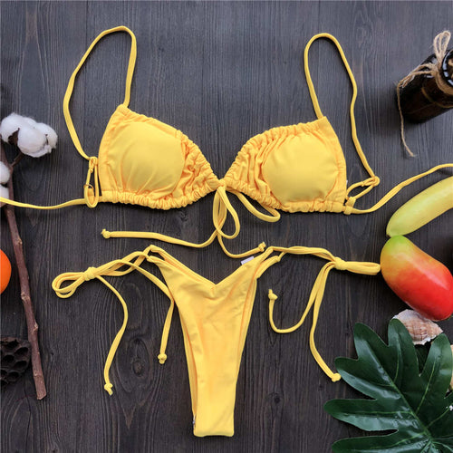 Load image into Gallery viewer, Wrinkled Lace Up Mini Thong Bikini Female Swimsuit Women Swimwear Two-Pieces Bikini set Tie Dye Bather Bathing Suit Swim V2552B
