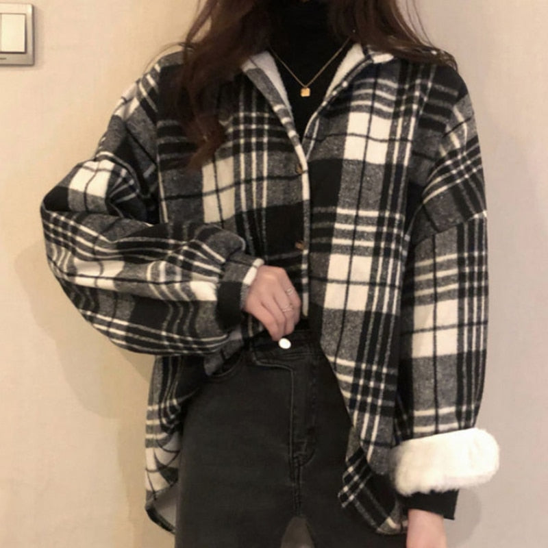 Thick Women Shirts Winter Warm Long Sleeve Vintage Plaid Female Button Up Coffee Ladies Coats Korean Casual Tops