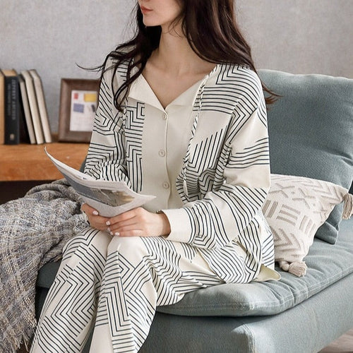 Load image into Gallery viewer, Autumn Women&#39;s Pajamas Set High Quality Bohemian Stripes Print Sleepwear V Neck Cotton Homewear Nightwear Pyjamas Femme
