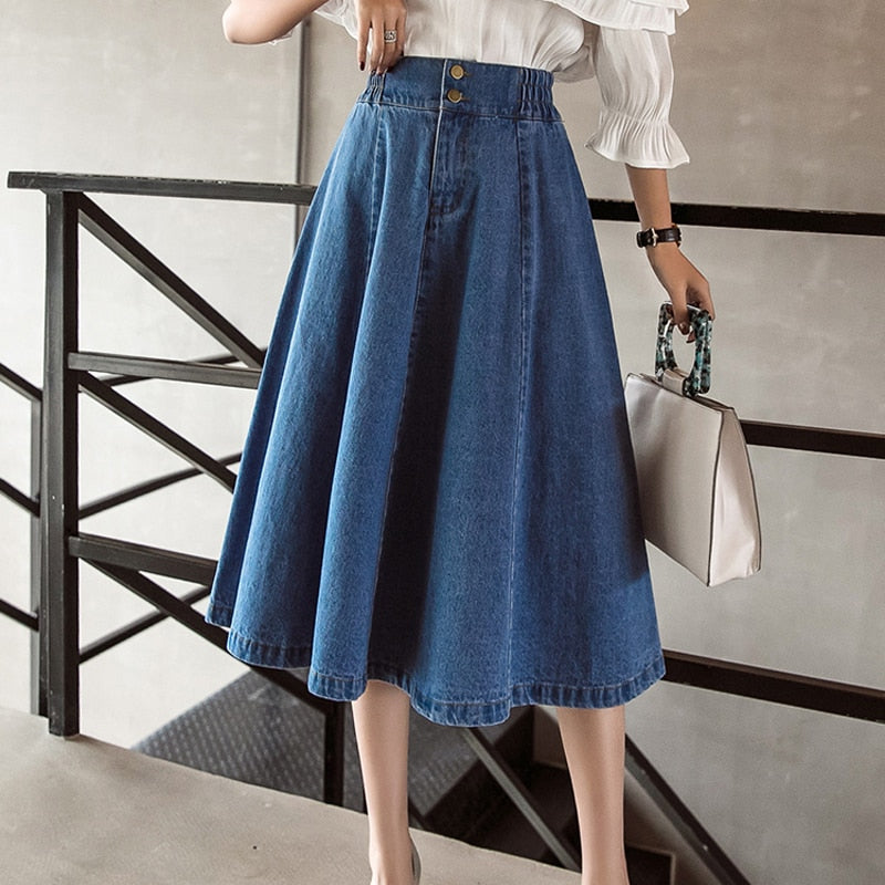 Elegant Women Denim Skirt Autumn Fashion Button A Line Jean Mid-calf Skirt Casual Korean Large Size Loose Faldas Female