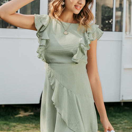 Load image into Gallery viewer, Ruffled O-Neck Sleeveless Casual A-Line Female High Waist Dress-women-wanahavit-Green-S-wanahavit
