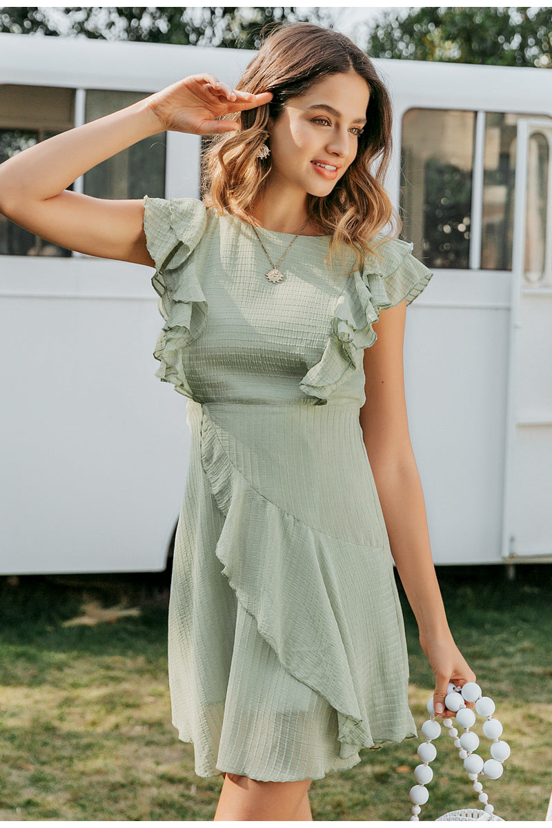 Ruffled O-Neck Sleeveless Casual A-Line Female High Waist Dress-women-wanahavit-Green-S-wanahavit