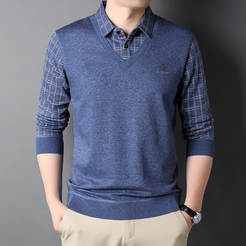 Fashion Brand Korean Knit Slim Fit Shirt For Men Long Sleeve Preppy Look Casual Mans Clothes