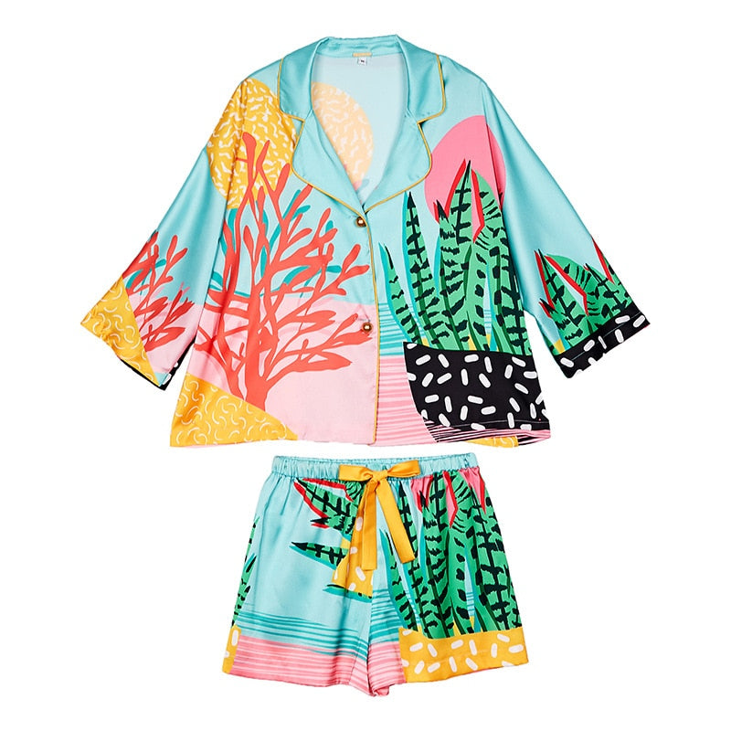 Women Pajama Set Hand Drawn Art Tropical Plants Pyjama Set Silk Like Nightwear Shorts Home Wear Clothes Sleepwear Homewear