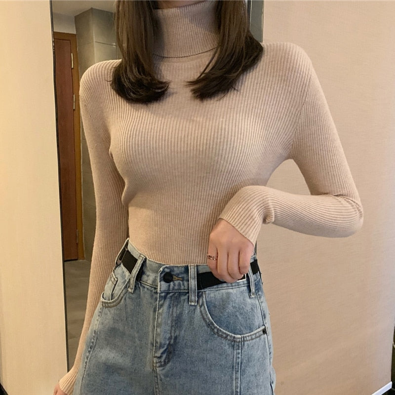 Turtleneck Sweaters Autumn Women Knitted Pullovers Elastic Jumper Soft Long Sleeve Korean Slim Ladies Basic Top New