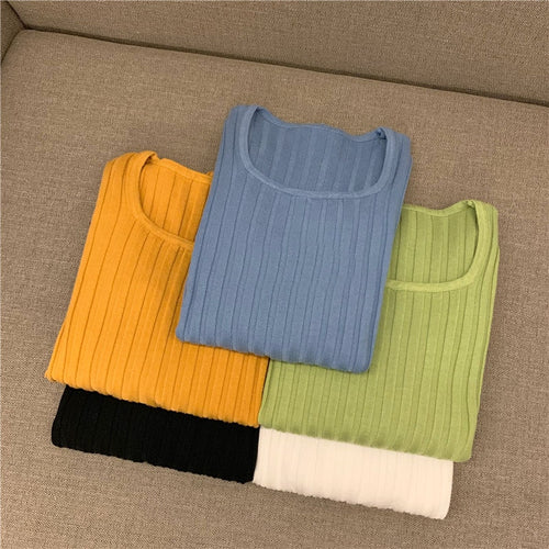 Load image into Gallery viewer, Soft Women Sweater Autumn Slim Long Sleeve Pullover Jumper Knitted Square Collar Korean Elastic Ladies Korean Basic Blouse
