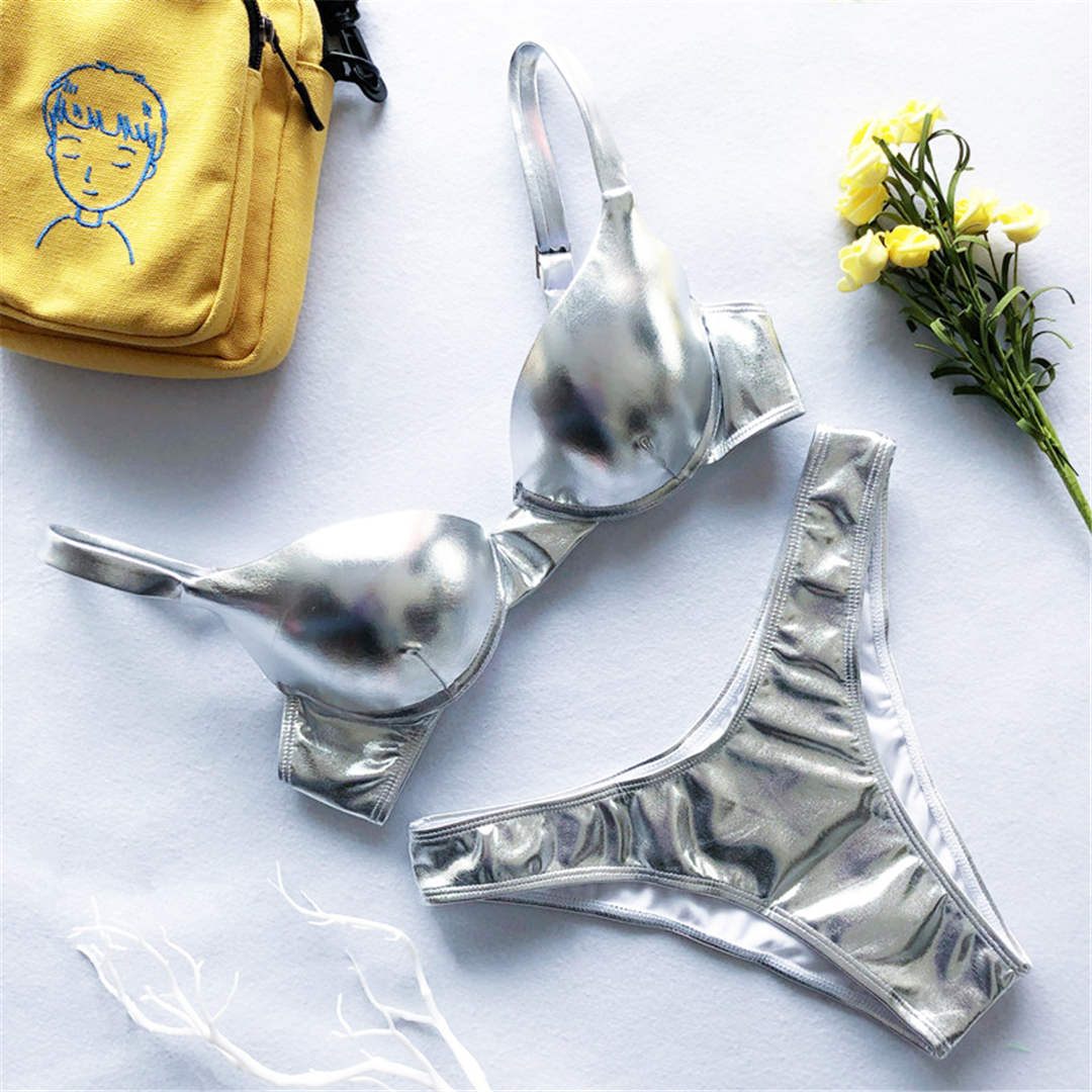 Shiny PU Faux Leather Bikini Female Swimsuit Women Swimwear Two-pieces Bikini set with Bra Cup Bather Bathing Suit Swim V1376