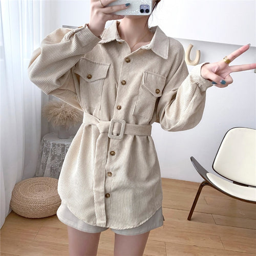 Load image into Gallery viewer, Vintage Corduroy Shirts Women Fall Long Sleeve Belt Tunic Pink Button Up Long Shirts High Waist Designed Casual Tops
