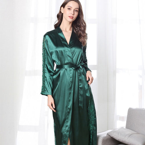 Load image into Gallery viewer, Women&#39;s Pajamas Robe Elegant Long Bathrobe Soild Sleepwear Silk Like Homewear V Neck Nightgown Femme пижама женская
