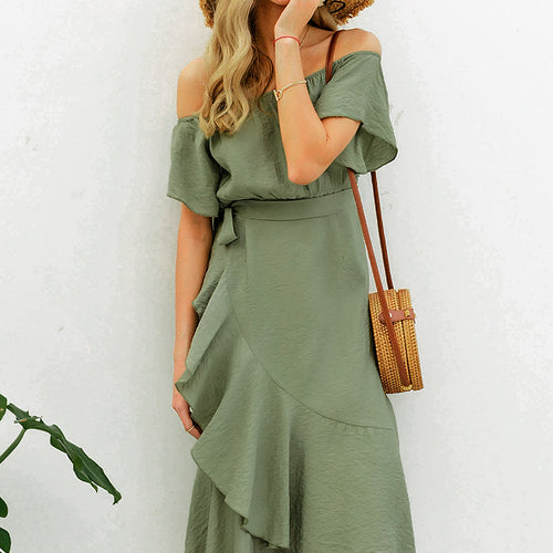 Load image into Gallery viewer, Sexy Off Shoulder Summer High Waist Ruffled Split Short Sleeve Long Dress-women-wanahavit-Green-S-wanahavit
