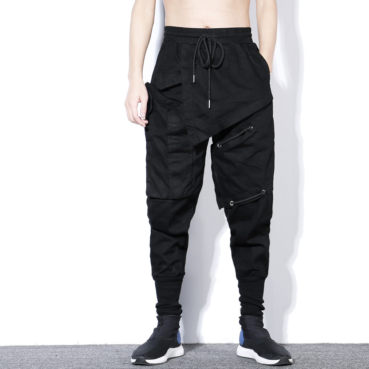 Tactical Functional Cargo Trousers Men Hip Hop Streetwear Elastic Waist Pants Joggers Irregular Multi-pocket Pant Black WB520