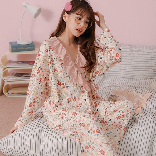 Load image into Gallery viewer, High Quality Women&#39;s Pajamas Set Kimono Ins Style Sleepwear Cotton Casual Homewear V Neck 2pcs Nightgown пижама женская
