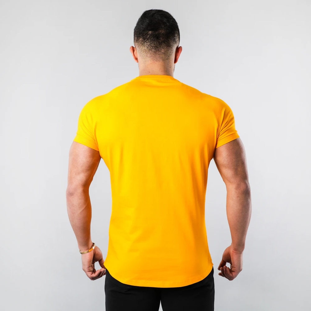 Yellow Cotton Casual Skinny T-shirt Men Fitness Short sleeve Shirt Male Bodybuilding Sport Tee Tops Summer Gym Workout Clothing