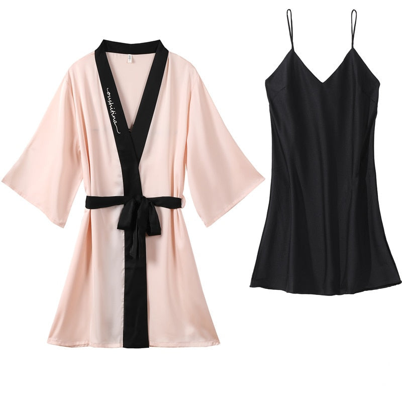 Summer Women's Pajamas Robe Set Fashion Hit Colors Bathrobe Sleepwear Silk Like Leisure Home Clothes Sling Dress