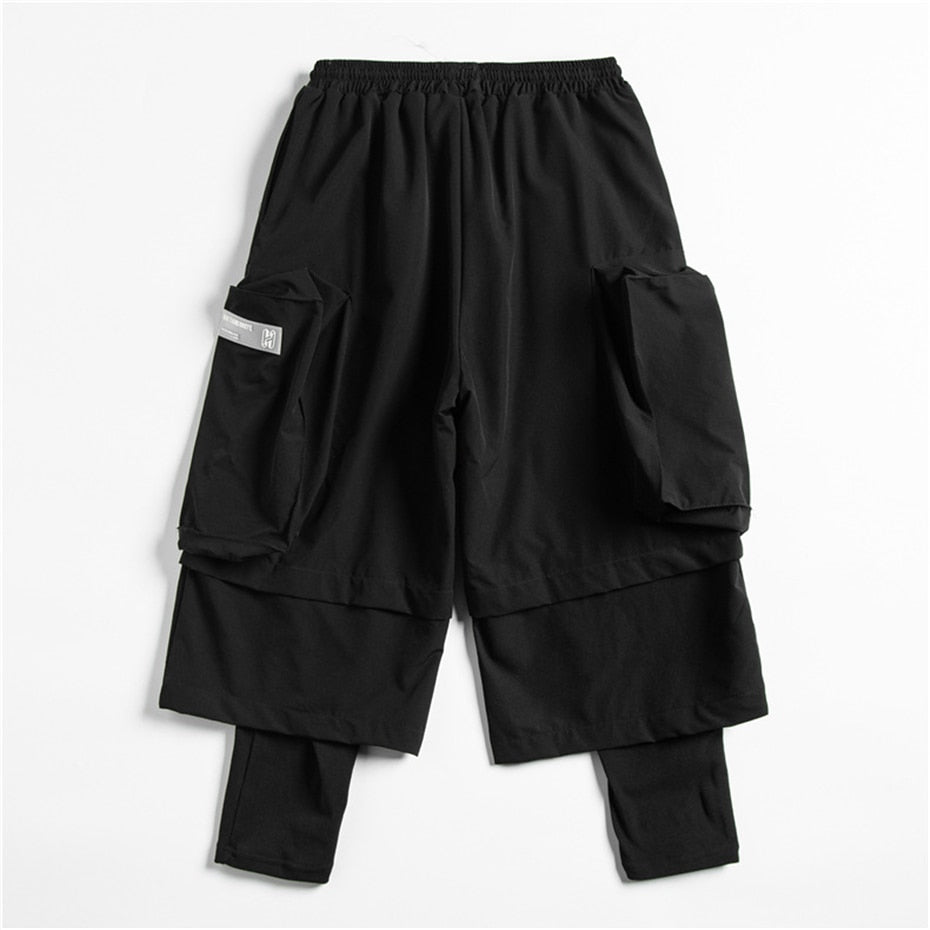 Fake two Pieces Baggy Pants Joggers Men Loose Trousers Autumn Hip Hop Streetwear Cargo Pant Black WB288