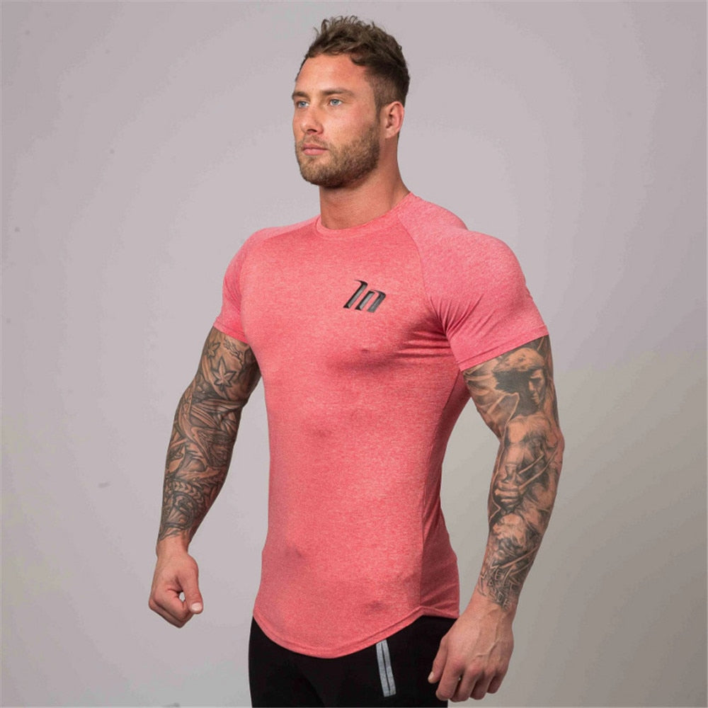 Compression Superelastic Skinny T-shirt Men Gym Fitness Quick Dry Shirt Male Summer Tee Tops Running Sports Training Clothing