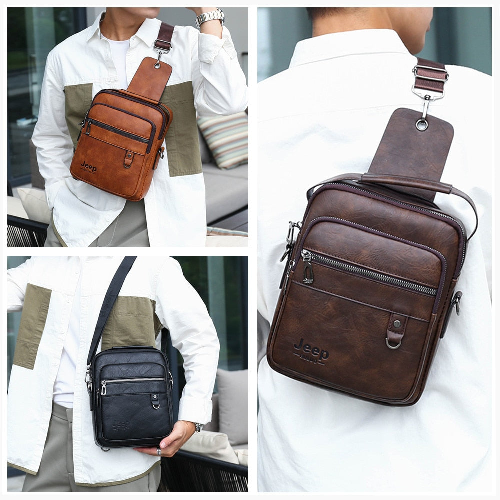 Men Messenger PU Bag Outdoor Multiple Uses Travel Bag Waterproof Phone Shoulder Chest Crossbody Pockets