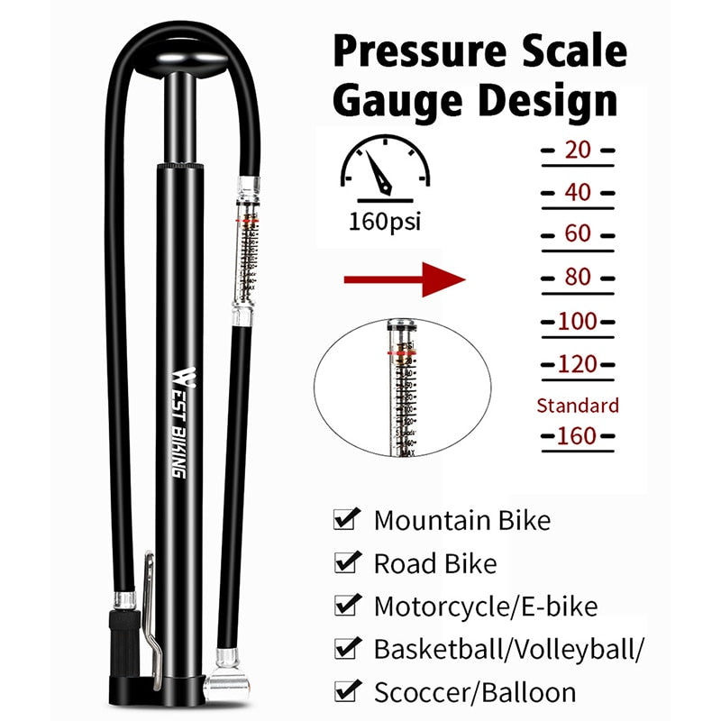 160PSI Bicycle Pump With Long Hose Gauge Cycling Air Inflator Schrader Presta Valve MTB Road Bike Tire Alloy Pump