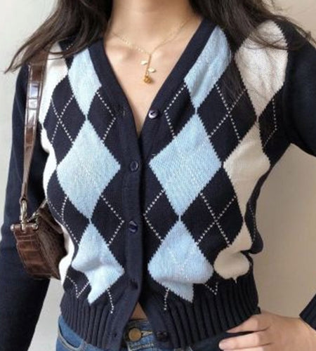 Argyle Women Cardigan Vintage Autumn Knit Short Sweater Long Sleeve England Fashion Casual Female Outwear